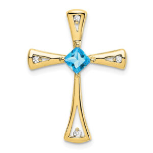 10K Yellow Gold Blue Topaz and Real Diamond Cross Pendant