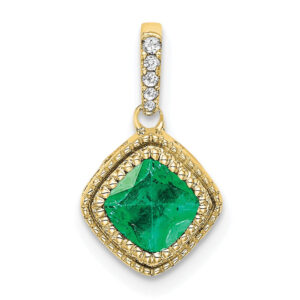 10K Yellow Gold Cushion Emerald and Real Diamond Pendant