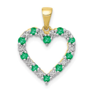 10K Yellow Gold Real Diamond and Emerald Heart Pendant