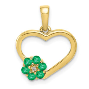 10K Yellow Gold Real Diamond and Emerald Heart and Flower Pendant