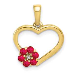 10K Yellow Gold Real Diamond and Ruby Heart w/ Flower Pendant