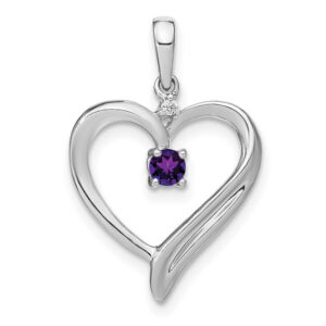 10k White Gold Amethyst and Real Diamond Heart Pendant