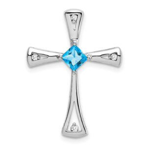 10k White Gold Blue Topaz and Real Diamond Cross Pendant