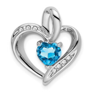 10k White Gold Blue Topaz and Real Diamond Heart Pendant