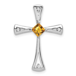 10k White Gold Citrine and Real Diamond Cross Pendant
