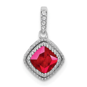 10k White Gold Cushion Ruby and Real Diamond Pendant