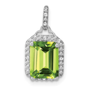 10k White Gold Emerald-cut Peridot and Real Diamond Halo Pendant