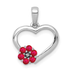 10k White Gold Real Diamond and Ruby Heart w/ Flower Pendant