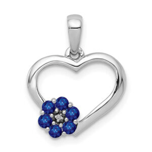 10k White Gold Real Diamond and Sapphire Heart w/ Flower Pendant