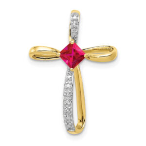 10k Yellow Gold and Rhodium Lab Created Ruby and Real Diamond Cross Pendant