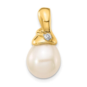 14K Yellow Gold .01ct Real Diamond 9-10mm White Rice FWC Pearl Pendant
