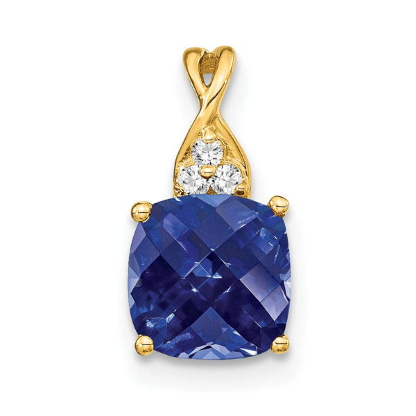 14K Yellow Gold Checkerboard Created Sapphire and Real Diamond Pendant