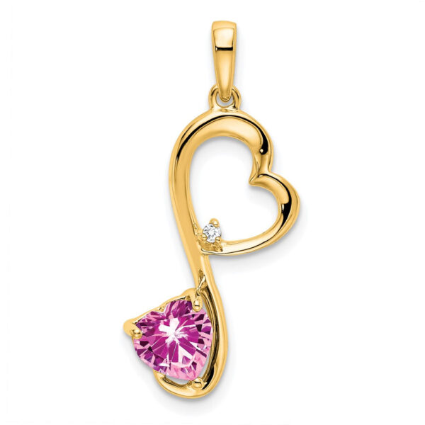 14K Yellow Gold Created Pink Sapphire and Real Diamond Heart Pendant