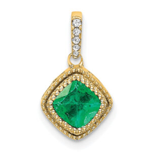 14K Yellow Gold Cushion Emerald and Real Diamond Pendant