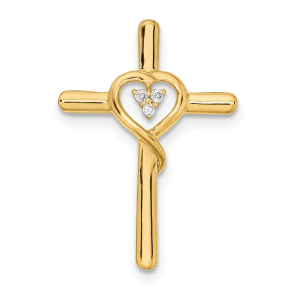 14K Yellow Gold Polished Cross with Heart Real Diamond Chain Slide
