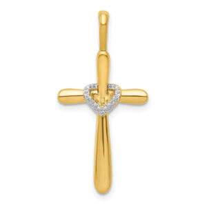 14K Yellow Gold Real Diamond Cross w/Heart Pendant