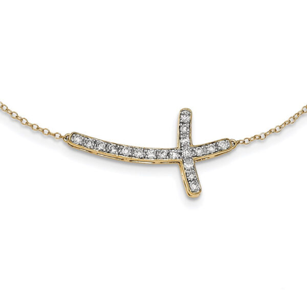 14K Yellow Gold Real Diamond Sideways Cross 18in Necklace