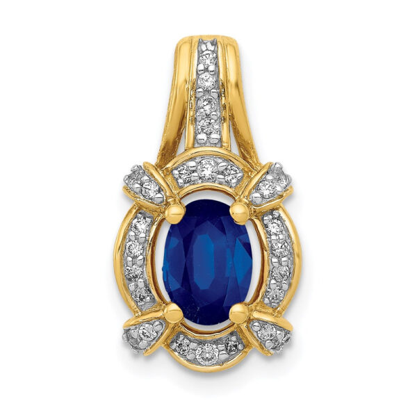 14K Yellow Gold Real Diamond and Sapphire Fancy Oval Pendant