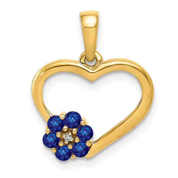 14K Yellow Gold Real Diamond and Sapphire Heart w/ Flower Pendant