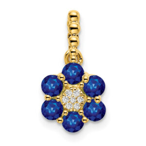 14K Yellow Gold Sapphire and Real Diamond Floral Pendant