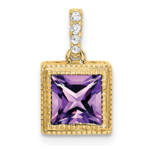 14K Yellow Gold Square Amethyst and Real Diamond Pendant