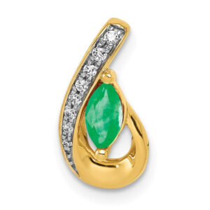 14K Yellow Gold Teardrop Real Diamond and Emerald Pendant