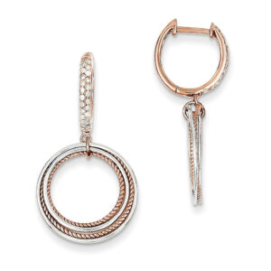 14K Yellow Gold White and Rose Gold Real Diamond Hinged Hoop Circle Dangle Earrings