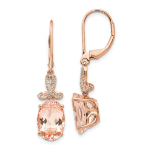 14k Rose Gold Real Diamond and Morganite Oval Leverback Dangle Earrings