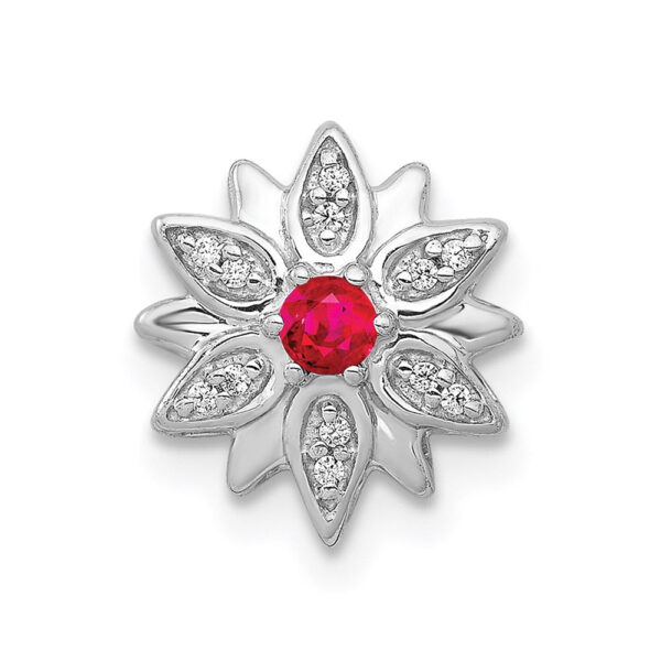 14k White Gold 1/20ct. Real Diamond and Ruby Flower Chain Slide
