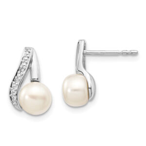 14k White Gold 6-7mm Button FWC Pearl .02ct Real Diamond Post Earrings