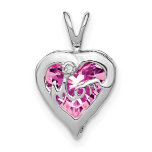 14k White Gold Creat. Pink Sapphire/Real Diamond MOM Heart Pendant
