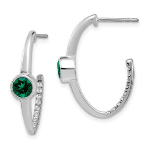 14k White Gold Created Emerald and Real Diamond J-Hoop Earrings