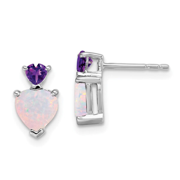14k White Gold Created Opal and Amethyst Heart Earrings