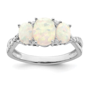 14k White Gold Created Opal and Real Diamond 3-stone Ring