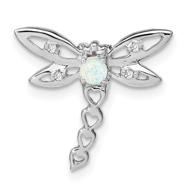 14k White Gold Created Opal and Real Diamond Dragonfly Chain Slide