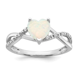 14k White Gold Created Opal and Real Diamond Heart Ring