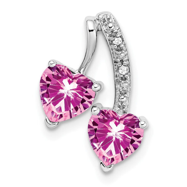 14k White Gold Created Pink Sapphire and Real Diamond 2-Heart Pendant