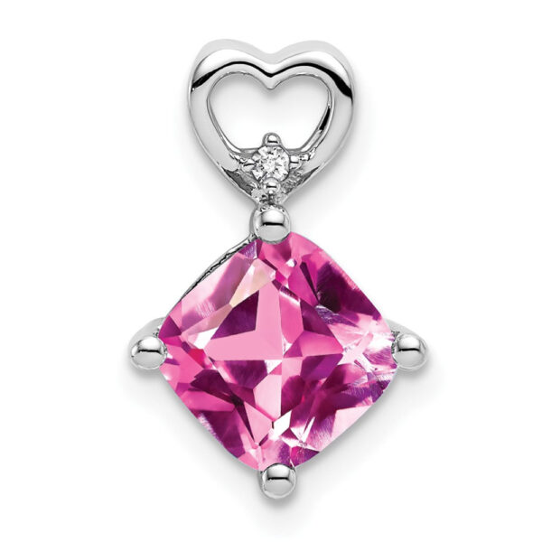 14k White Gold Created Pink Sapphire and Real Diamond Heart Chain Slide