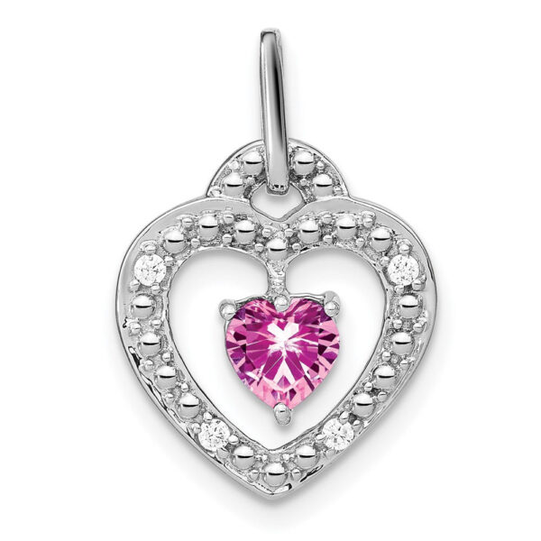 14k White Gold Created Pink Sapphire and Real Diamond Heart Pendant