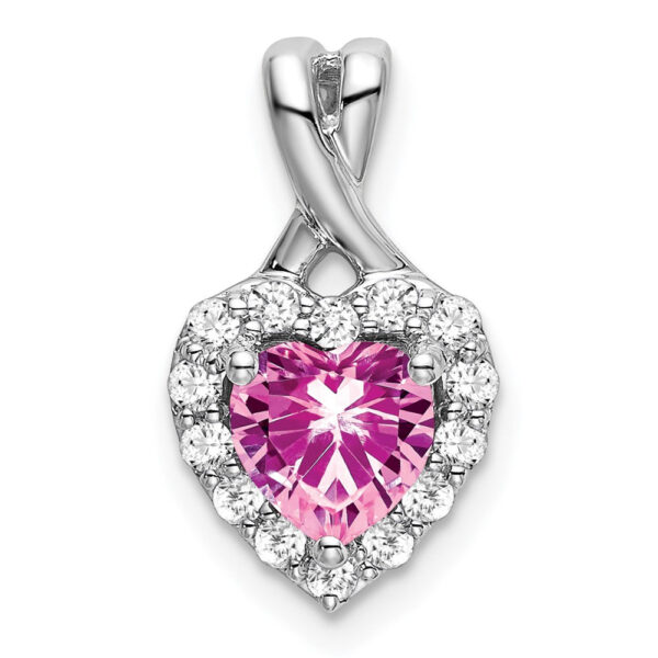 14k White Gold Created Pink Sapphire/Real Diamond Halo Heart Pendant
