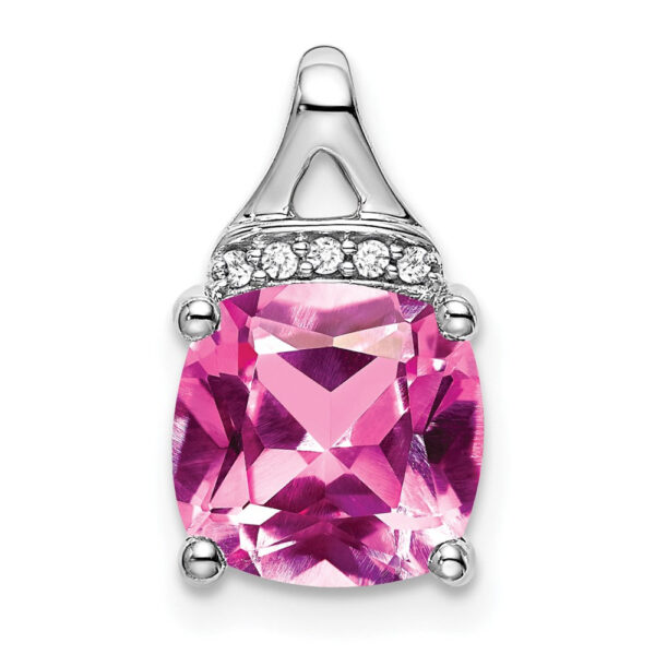 14k White Gold Cushion Created Pink Sapphire/Real Diamond Pendant