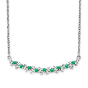 14k White Gold Emerald and Real Diamond 18in. Bar Necklace