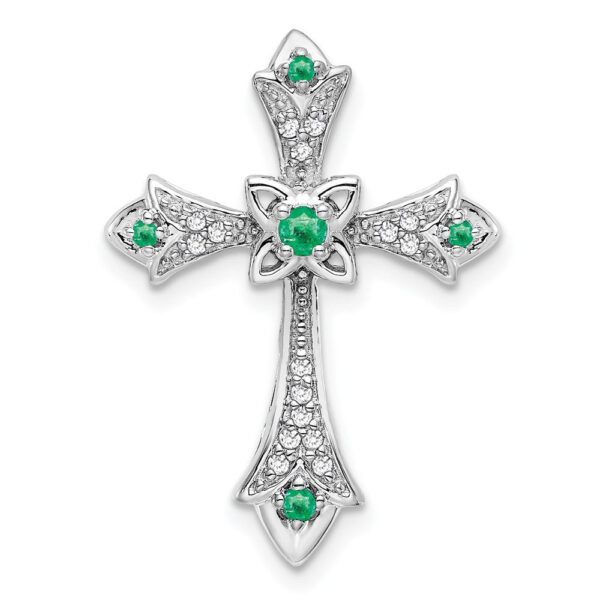 14k White Gold Emerald and Real Diamond Fleur de Lis Cross Chain Slide