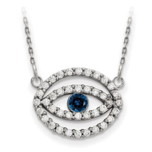 14k White Gold Medium Real Diamond and Sapphire Halo Evil Eye Necklace