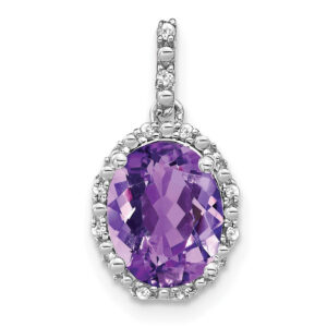 14k White Gold Oval Amethyst and Real Diamond Halo Pendant