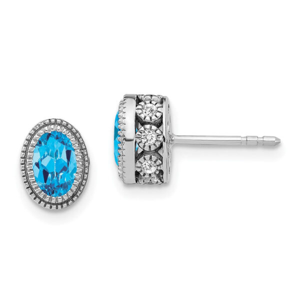 14k White Gold Oval Blue Topaz and Real Diamond Earrings