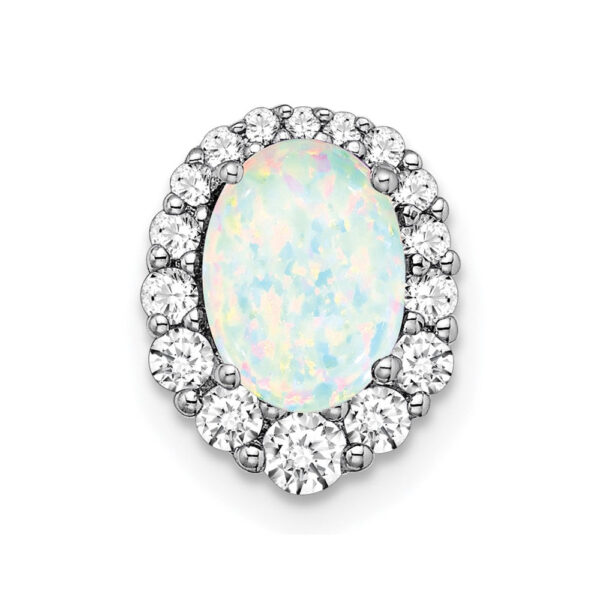 14k White Gold Oval Created Opal and Real Diamond Halo Chain Slide