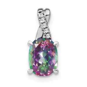 14k White Gold Oval Mystic Fire Topaz and Real Diamond Pendant