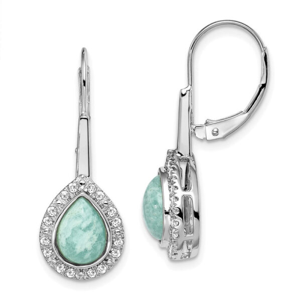 14k White Gold Pear Amazonite and Real Diamond Leverback Earrings