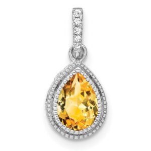 14k White Gold Pear Citrine and Real Diamond Pendant